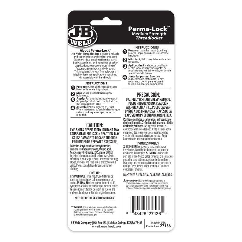 JB Weld Perma-Lock Red Threadlocker 36ML