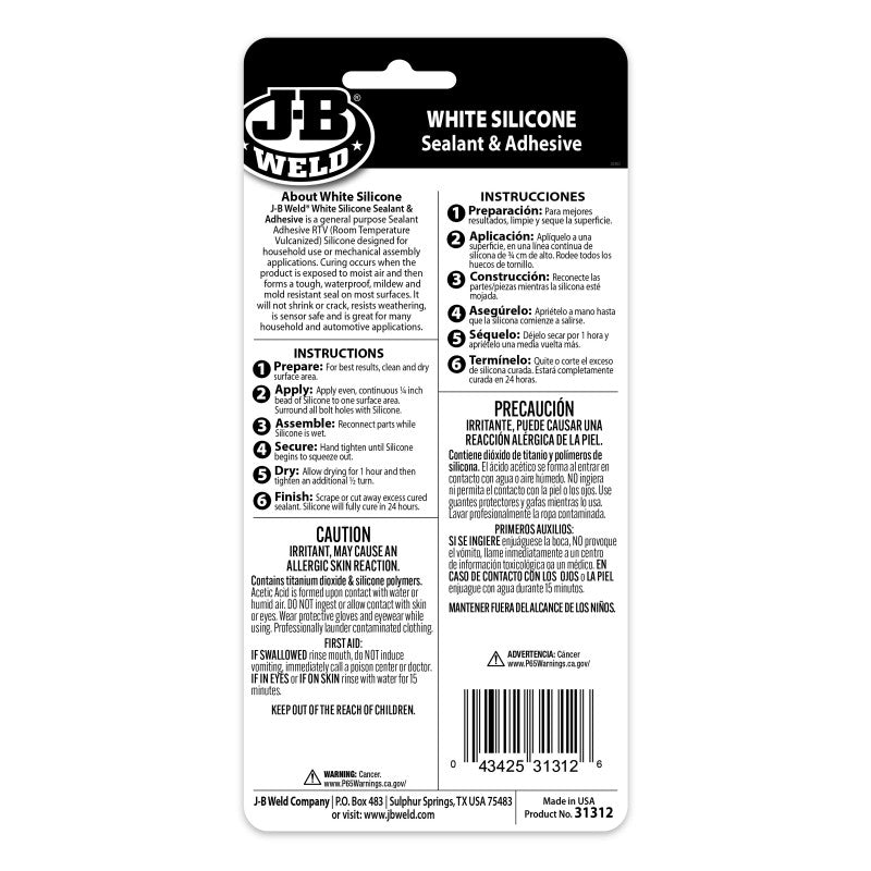 JB Weld White All Purpose RTV Silicone Sealant And Adhesive 85G Tube