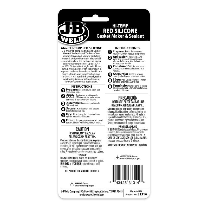 JB Weld Red High Temp RTV Silicone 85G Tube