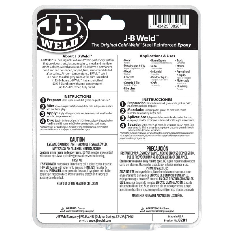 JB Weld Coldweld Steel Reinforced Epoxy Twin 141.8G Tubes