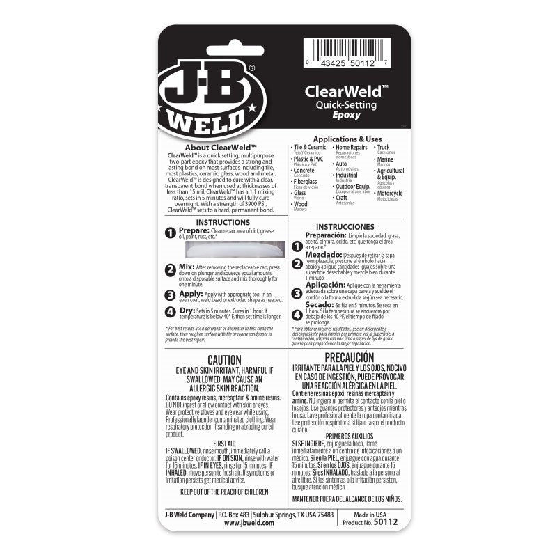 JB Weld Clearweld Clear Quick Setting Epoxy Syringe 25ML