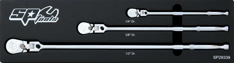 SP Tools 1/4"Dr, 3/8"Dr & 1/2"Dr Ratchet Set - Sealed Locking Extra Long Flex Head - 3pc