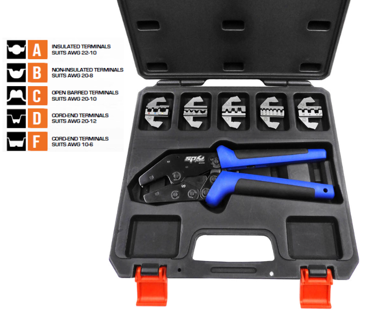 SP Tools 6PC Quick Change Crimper Kit - Deutsch Contacts, DTP/DT/DTM - Barrel Type, Solid Stamped & Formed