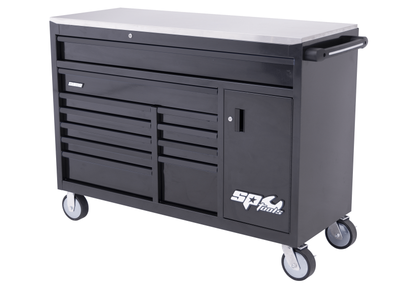 SP Tools Sumo Series Roller Cabinet with Power Tool Cupboard and Built-In Power Board - 12 Drawer - BLACK/BLACK Handles
