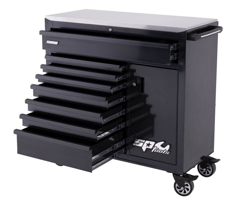 SP Tools Sumo Series Roller Cabinet with Power Tool Cupboard - 9 Drawer - Black/Black Handles