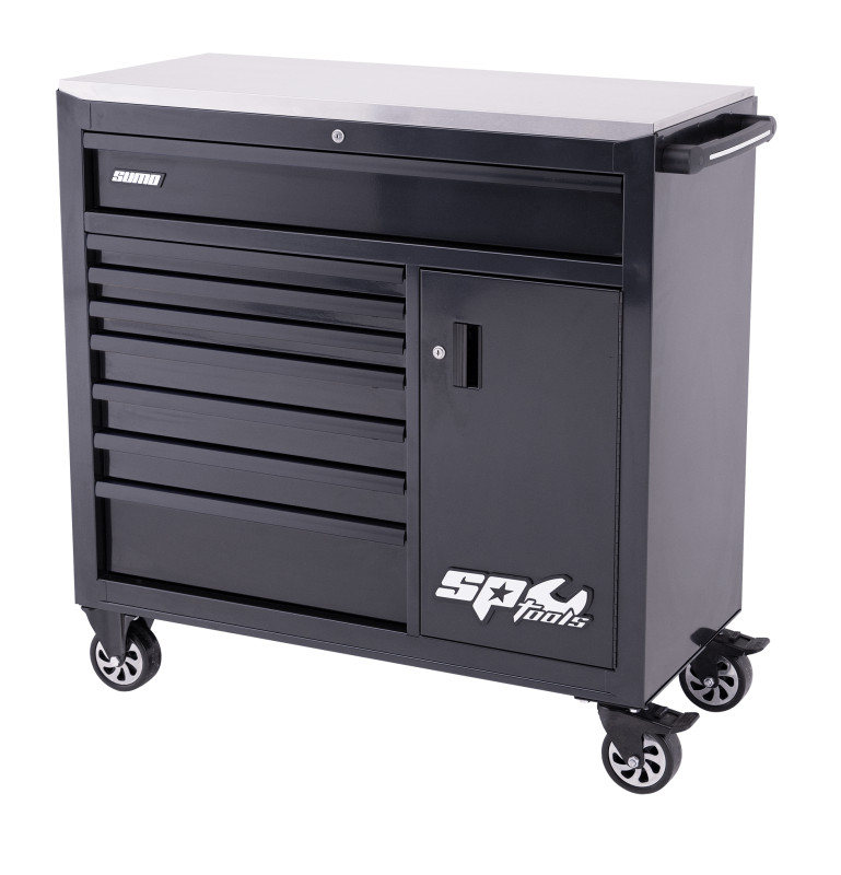 SP Tools Sumo Series Roller Cabinet with Power Tool Cupboard - 9 Drawer - Black/Black Handles