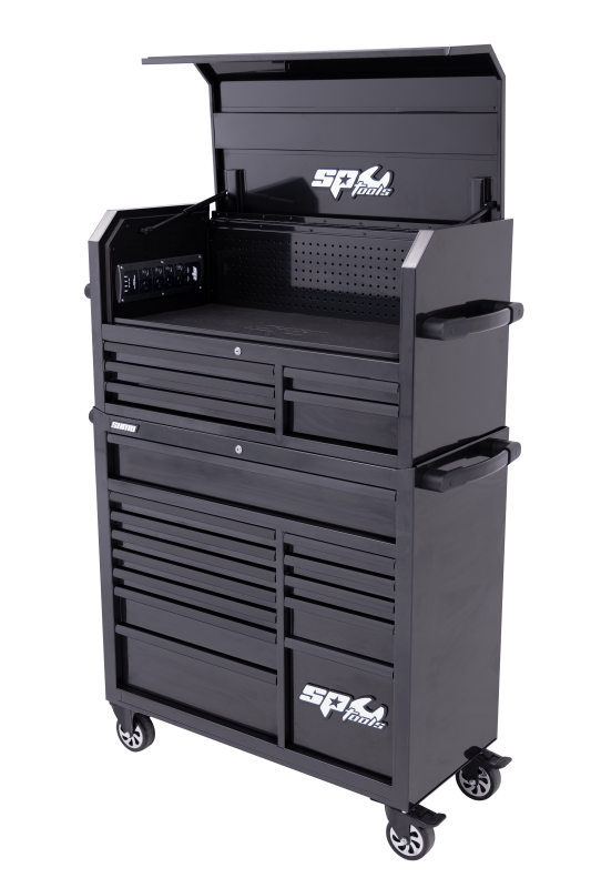 SP Tools Sumo Series Power Hutch Tool Box - 18 Drawer - Black/Black Handles