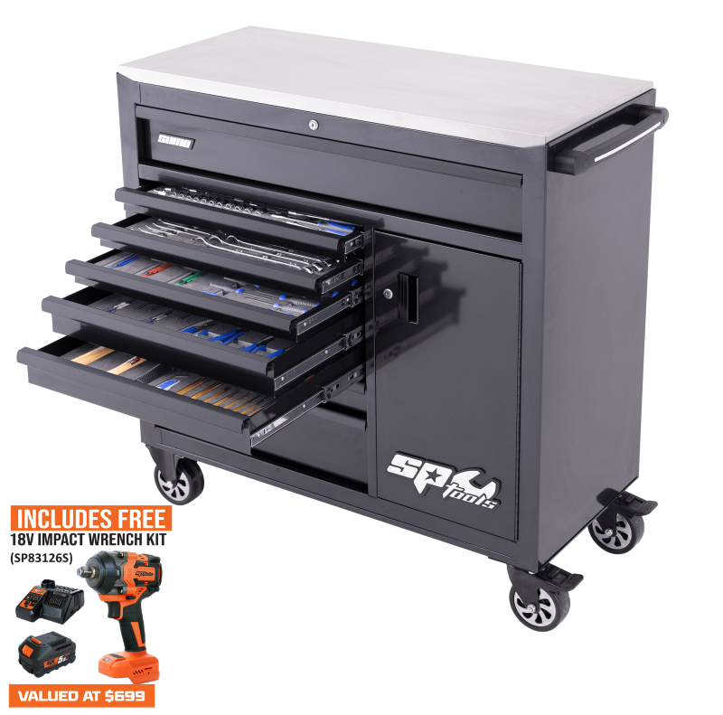 SP Tools Sumo Series Roller Cabinet Tool Kit with Power Tool Cupboard - 218pc - Metric/SAE - Black/Black - BONUS EVAS