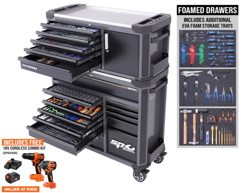 SP Tools Tech Series Tool Kit With Power Tool Cupboard - 633pc - Metric/SAE - Diamond Black - BONUS EVAS