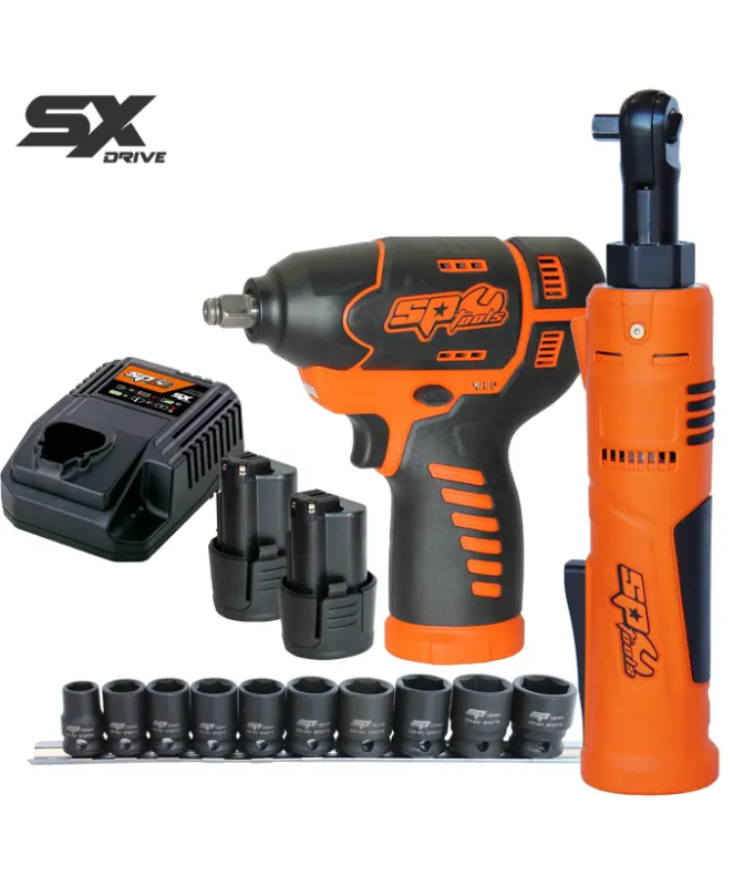 SP Tools 12V 3/8"DR Combo Impact Wrench & Mini Ratchet Wrench Kit - 2.5AH X 2 Batteries & Impact Socket Set - SX DRIVE