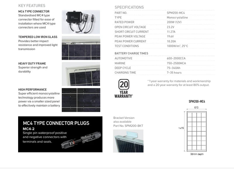 Projecta Sola Panel 12V 200W Mono With MC4 Connector And Brackets