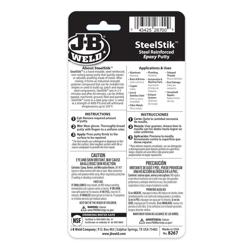 JB Weld Steelstik Steel Reinforced Epoxy Putty Stick 57G