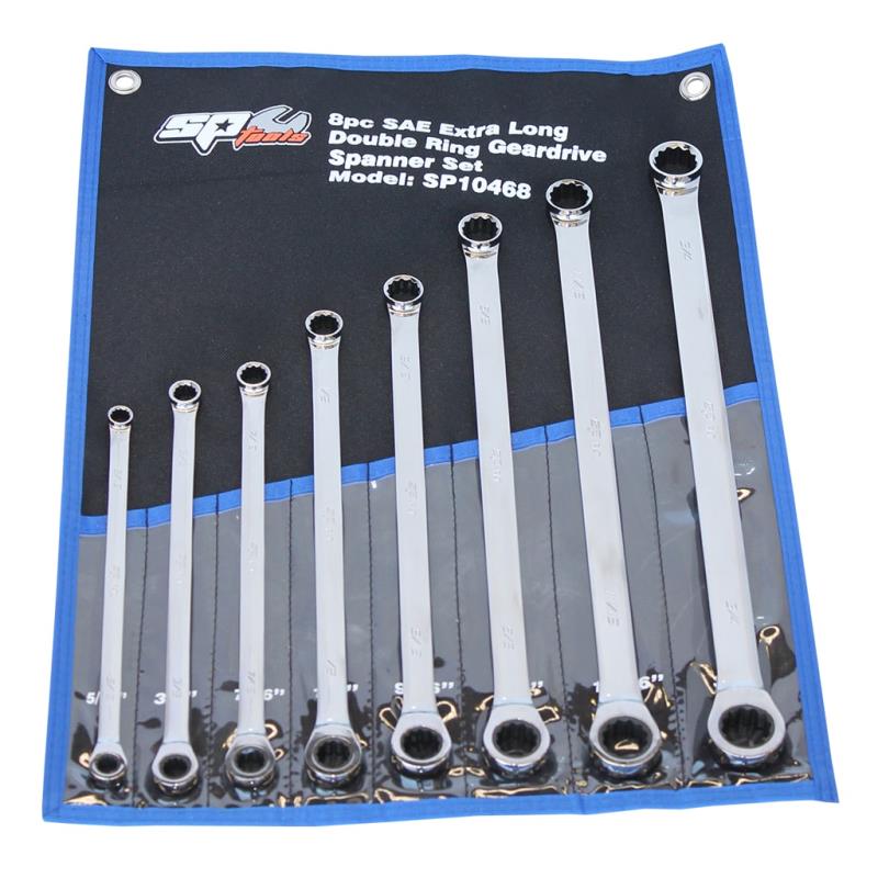 SP TOOLS DOUBLE RING GEAR DRIVE SPANNER SET - EXTRA LONG - 0?ø OFFSET - SAE - 8PC