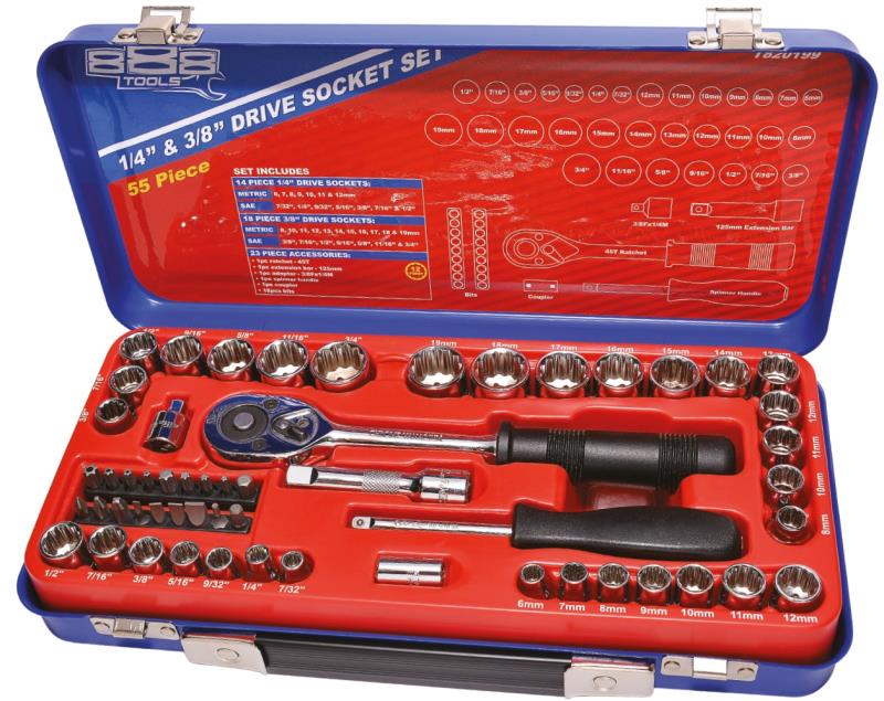 SP TOOLS 1/4"DR & 3/8"DR SOCKET SET - 12PT METRIC/SAE - 55PC
