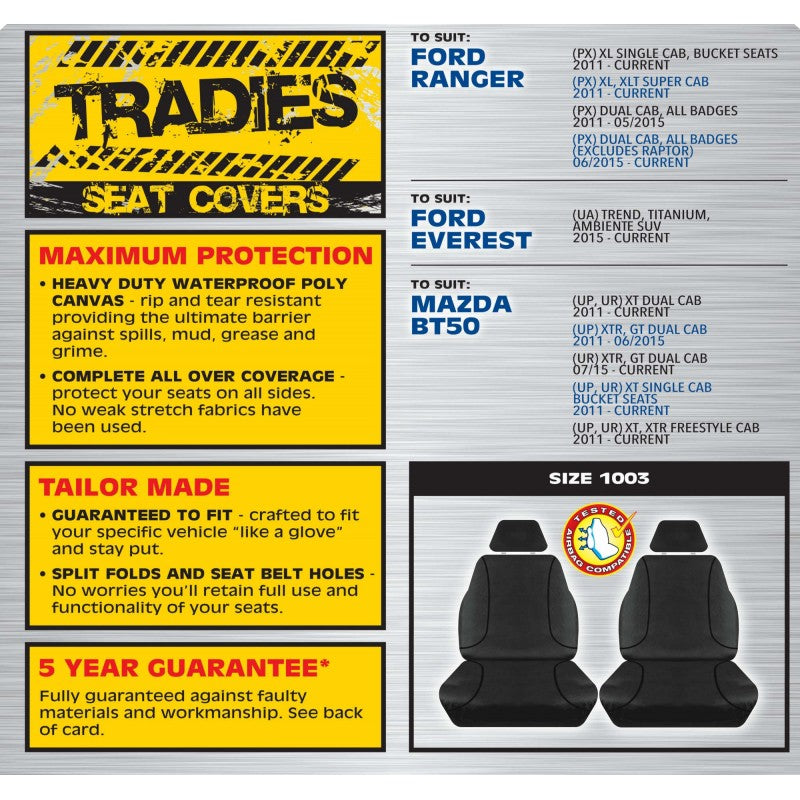 Tradies Black Canvas Front Seat Cover Pair - Everest Ranger & BT50