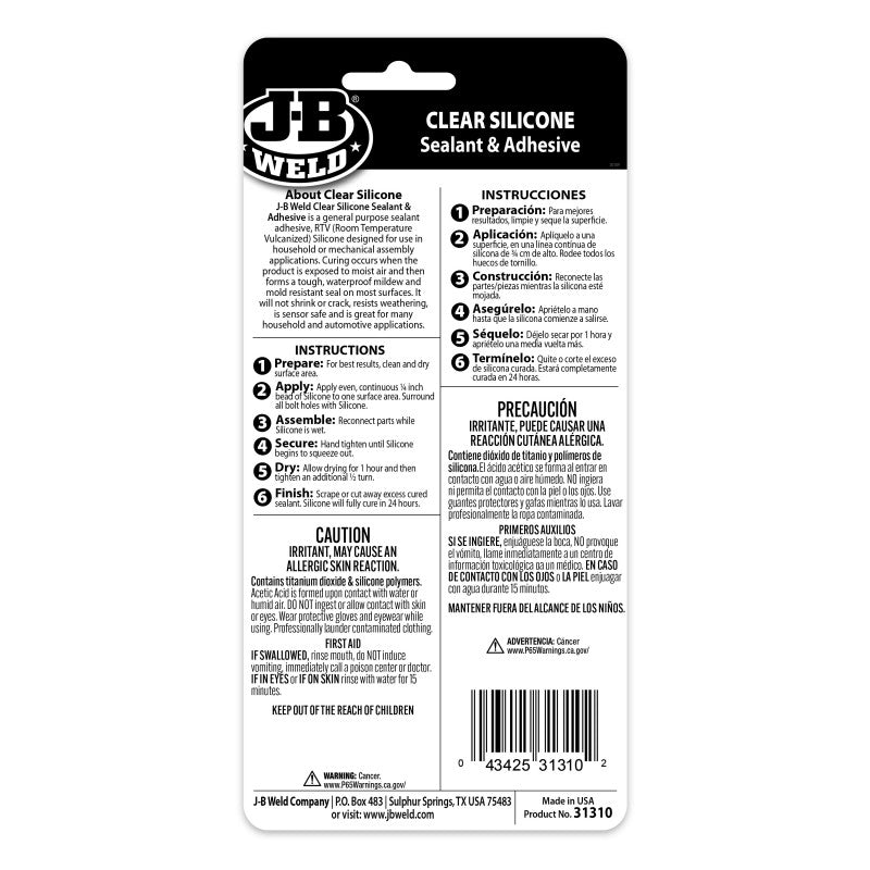 JB Weld Clear All Purpose RTV Silicone Sealant And Adhesive 85G Tube