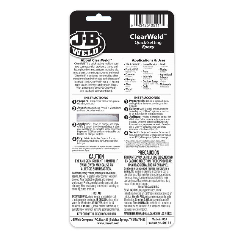 JB Weld Clearweld Clear Quick Setting Epoxy Syringe 14ML