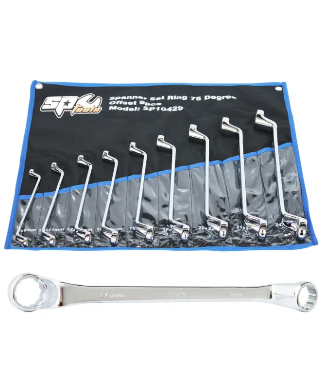 SP TOOLS DOUBLE RING LONG SPANNER SET - METRIC - 75° OFFSET - 9PC