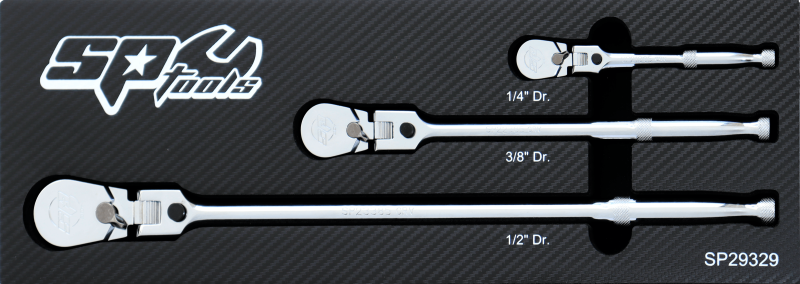 SP Tools 1/4"Dr, 3/8"Dr & 1/2"Dr Ratchet Set - Sealed Locking Flex Head - 3pc