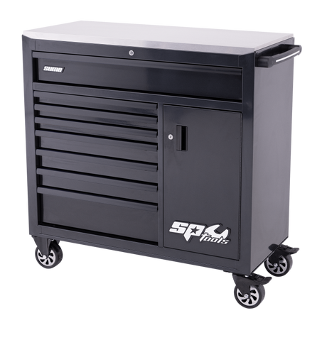 SP Tools Sumo Series Roller Cabinet with Power Tool Cupboard - 9 Drawer - Black/Black Handles
