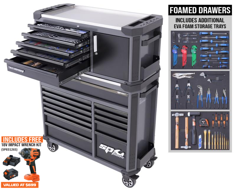 SP Tools Tech Series Tool Kit With Power Tool Cupboard - 346pc - Metric/SAE - Diamond Black BONUS EVAS