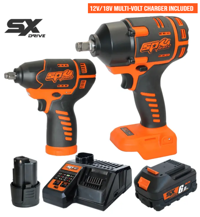 SP Tools 12V & 18V Mechanics Impact Wrench Kit - Plus 12V/18V Multi-Volt Battery Charger - SX Drive