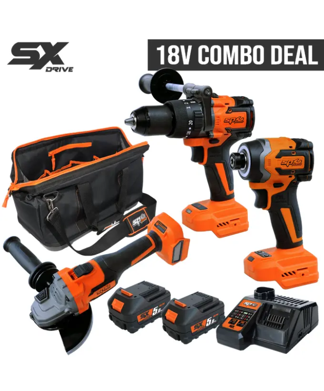 SP Tools 18V Workshop Combo Kit - 5.0AH x 2 - Plus 12/18v Battery Charger - SX DRIVE + Open Mouth Tool Bag