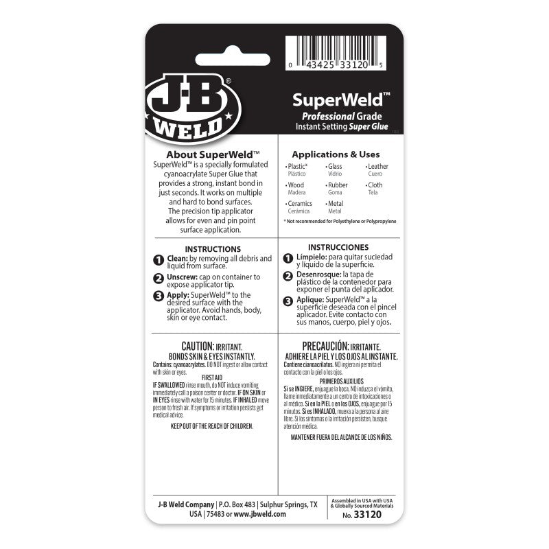 JB Weld Superweld Instant High Strength Low Odour Adhesive 20G