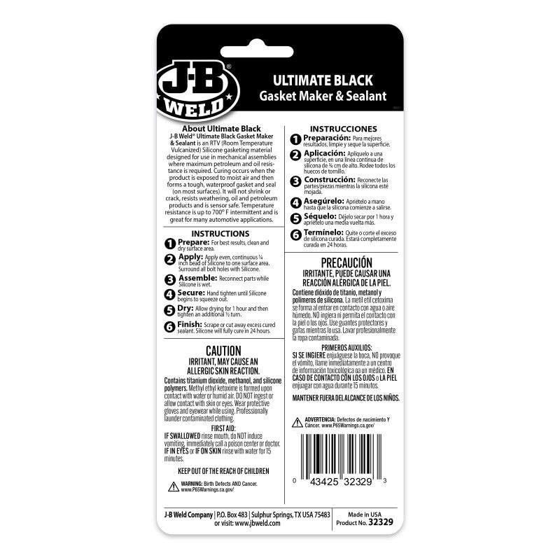 JB Weld Ultimate Black RTV Silicone Gasket Maker & Sealant 85G Tube