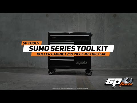 SP Tools Sumo Series Roller Cabinet Tool Kit with Power Tool Cupboard - 218pc - Metric/SAE - Black/Black - BONUS EVAS