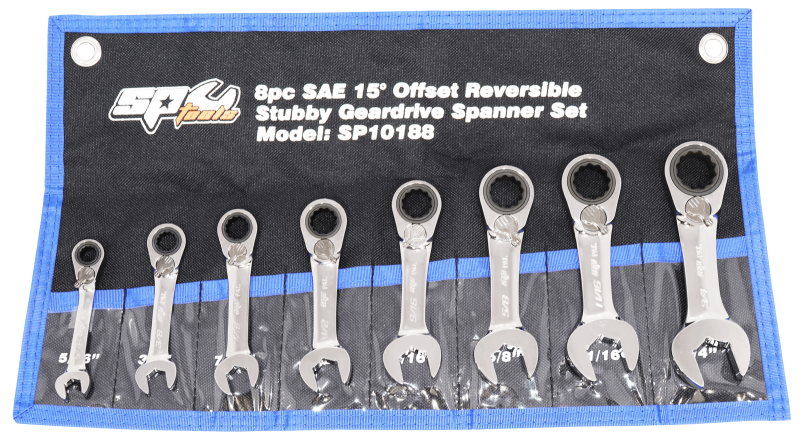 SP TOOLS GEAR DRIVE ROE SPANNER SET - 15° OFFSET STUBBY - SAE - 8PC