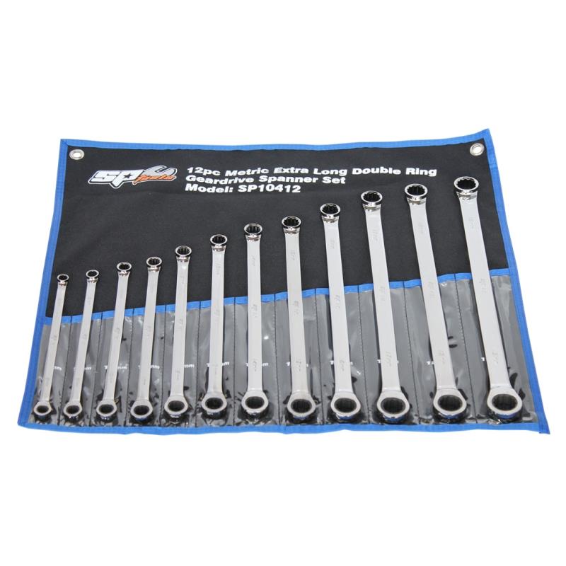 SP TOOLS DOUBLE RING GEAR DRIVE SPANNER SET - EXTRA LONG - 0° OFFSET - METRIC - 12PC