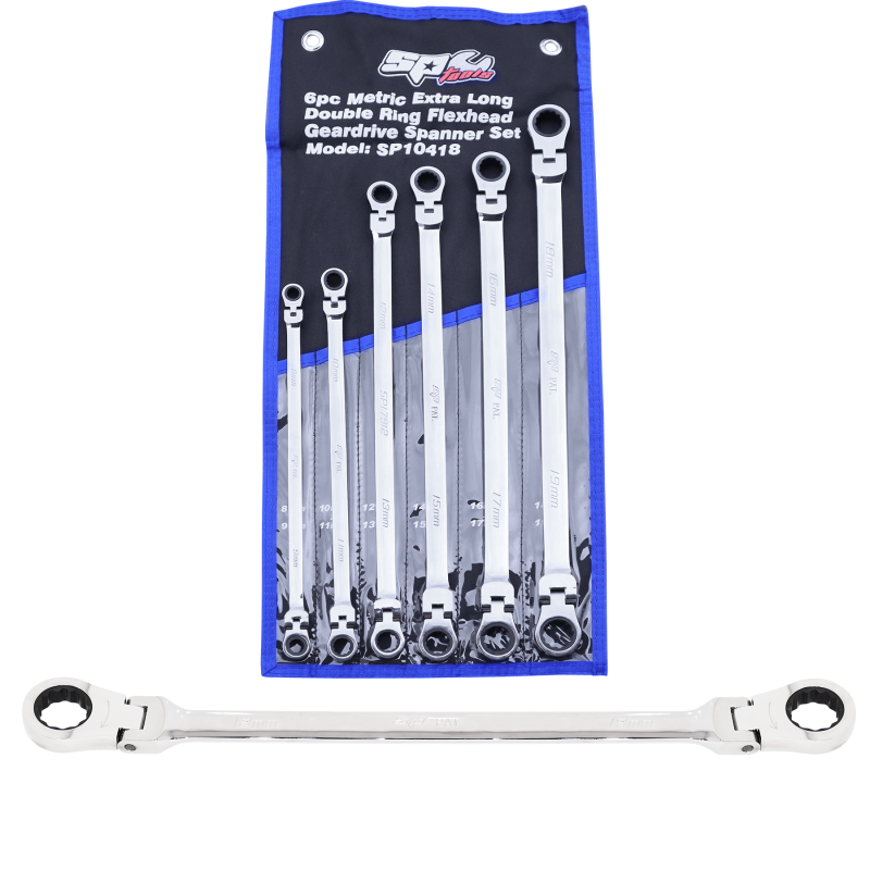 SP TOOLS FLEX HEAD DOUBLE GEAR DRIVE RING SPANNER SET - EXTRA LONG - METRIC 6PC