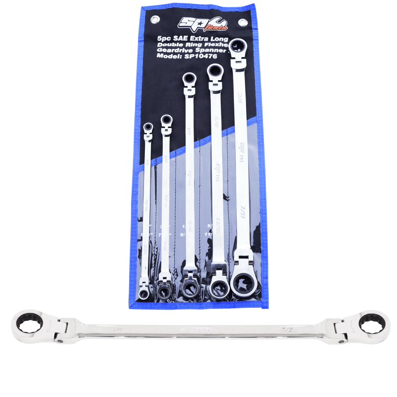 SP TOOLS FLEX HEAD DOUBLE GEAR DRIVE RING SPANNER SET - EXTRA LONG - SAE 5PC