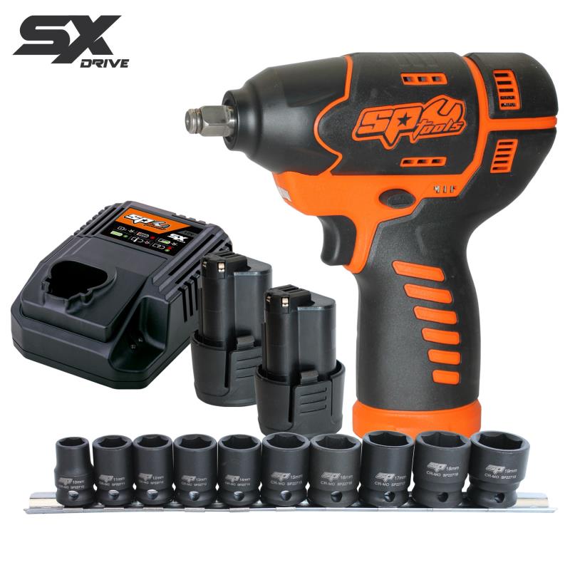 SP TOOLS 12V 3/8" DR IMPACT WRENCH KIT - 2.5AH X2 BATTERIES & IMPACT SOCKET SET - SX DRIVE