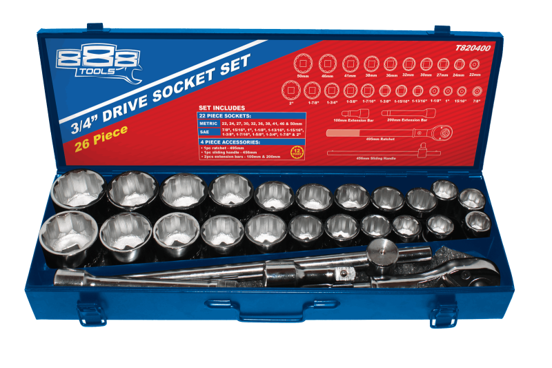 SP TOOLS 888 3/4"DR SOCKET SET - 12PT METRIC/SAE - 26PC